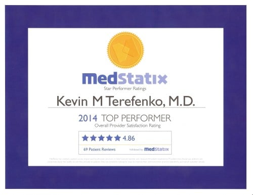 Medstatix Top Performer award given to Kevin M. Terefenko, M.D. for outstanding overall providing satisfaction rating